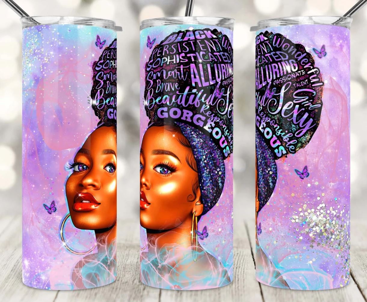 20oz Insulated Stainless Steel Travel Tumbler Gorgeous Black Queen, Black Women, Afro Queen Blessed
