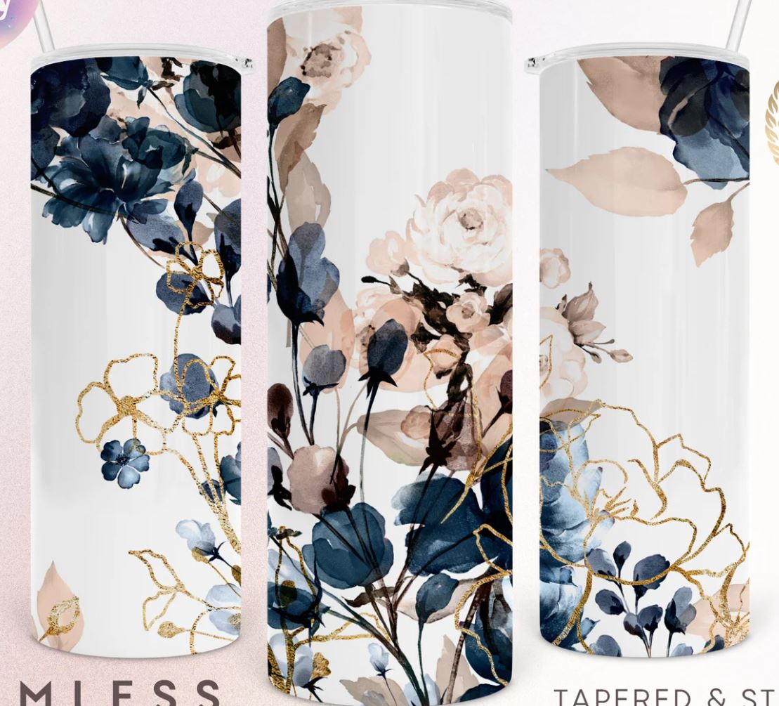 Navy and Blush Flowers - 20oz Insulated Stainless Steel Travel Tumbler