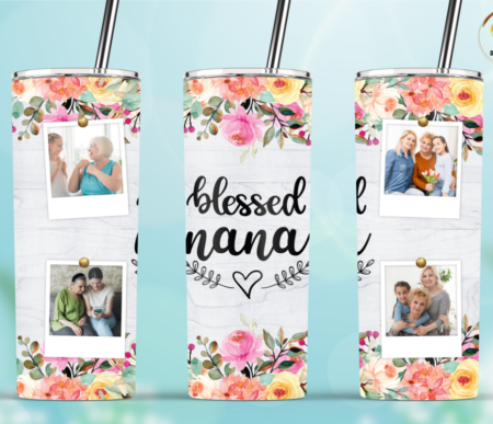 20oz Insulated Stainless Steel Travel Tumbler with lid and Custom Photo Blessed Mom, Granny, Mama, Nanny, Nana