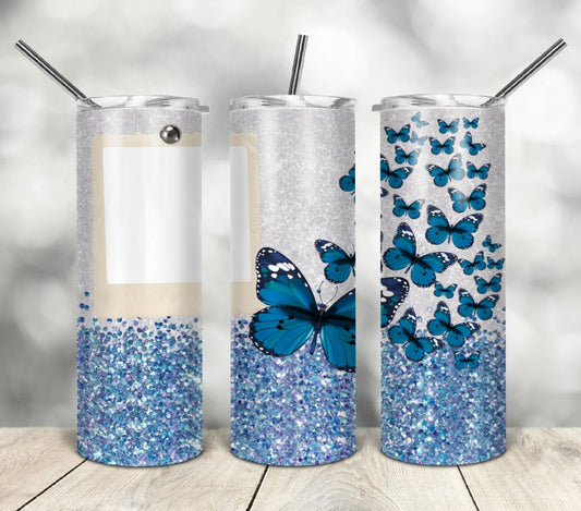 Blue Butterflies 20oz Insulated Stainless Steel Travel Tumbler with lid and Custom Photo (1 Photo)