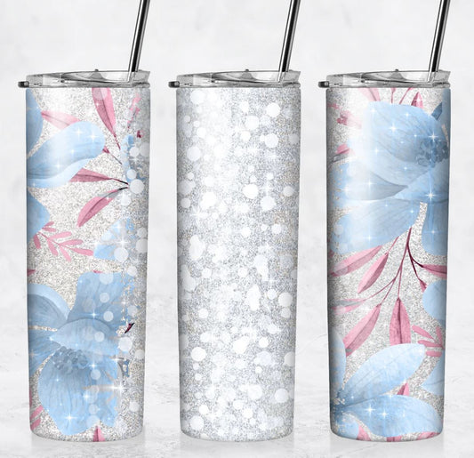 Silver and Light Blue Flowers - 20oz Insulated Stainless Steel Travel Tumbler