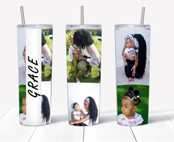 20oz Insulated Stainless Steel Travel Tumbler with lid and Custom Photo (4 Photo and Name)