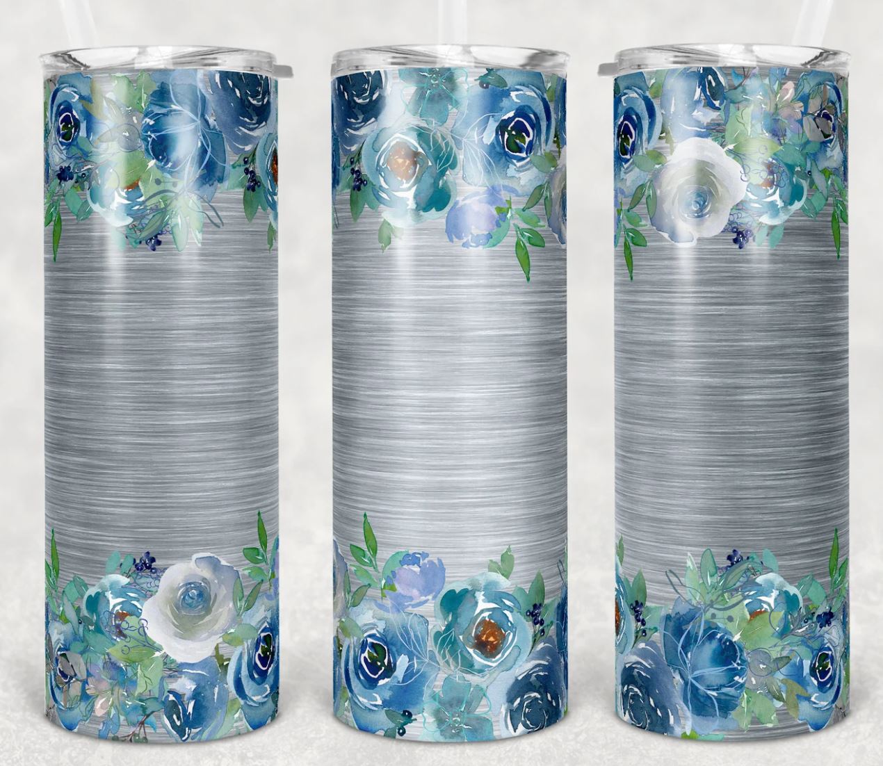 Gray and Blue Flowers - 20oz Insulated Stainless Steel Travel Tumbler