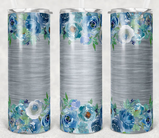 Gray and Blue Flowers - 20oz Insulated Stainless Steel Travel Tumbler