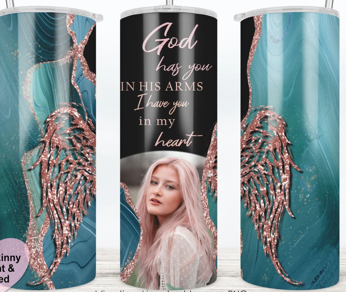 God has you in His Arms - 20oz Insulated Stainless Steel Travel Tumbler with lid and Custom Photo