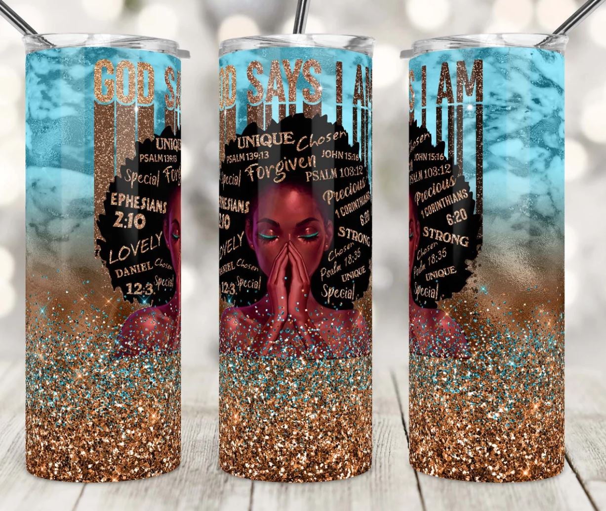 20oz Insulated Stainless Steel Travel Tumbler God Says I AM, Afro Queen, Black Queen