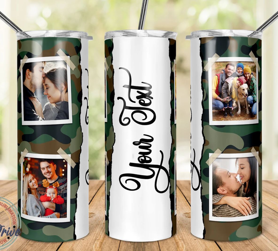 Camouflage 20oz Insulated Stainless Steel Travel Tumbler with lid- Custom Photo (4 Photos and Text)