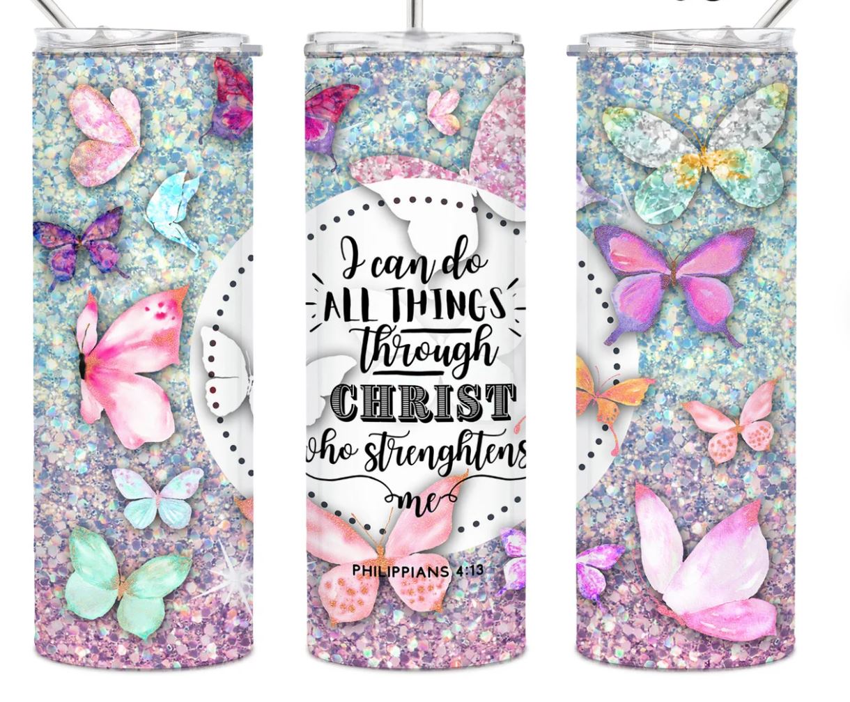 I Can Do all Things Through Christ (Butterflies)- 20oz Insulated Stainless Steel Travel Tumbler