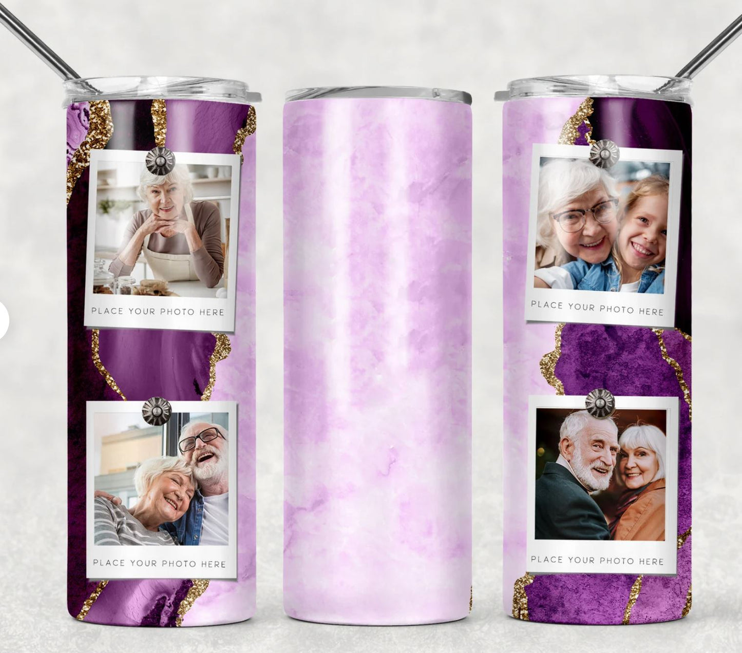 Purple- 20oz Insulated Stainless Steel Travel Tumbler with lid- Custom Photo (4 Photos and Text)