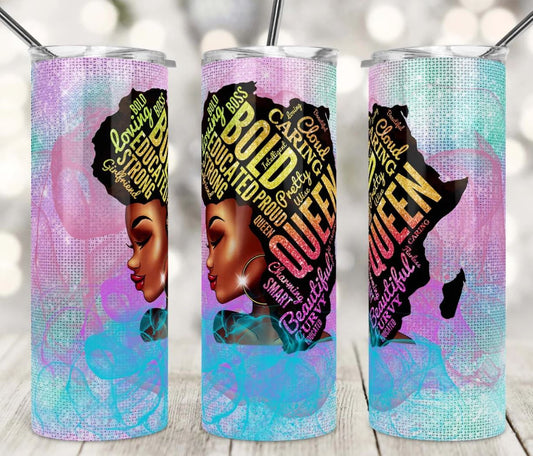 20oz Insulated Stainless Steel Travel Tumbler Bold Black Queen, Black Women, Afro Queen Blessed