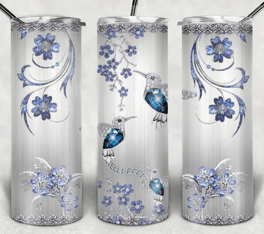 Silver and Blue Hummingbird - 20oz Insulated Stainless Steel Travel Tumbler