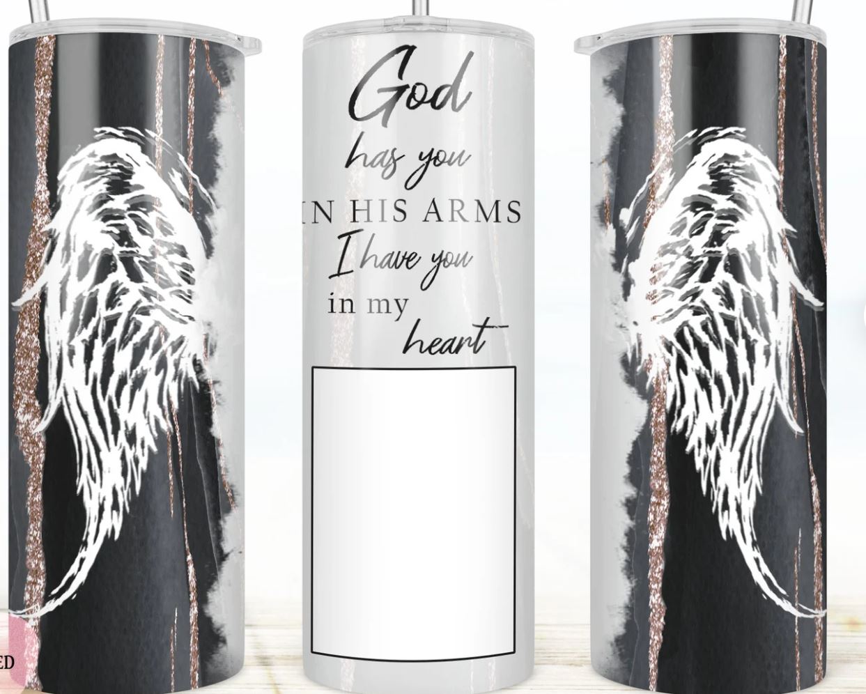 God has you in His Arms - 20oz Insulated Stainless Steel Travel Tumbler with lid and Custom Photo