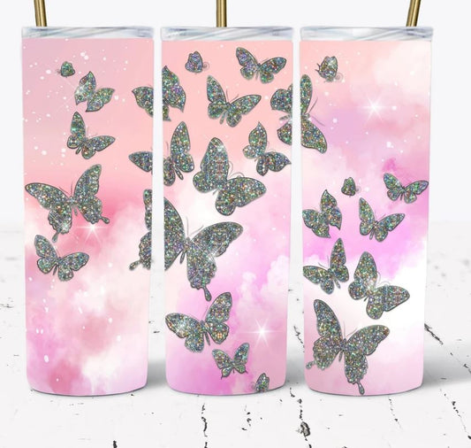 Pink and Silver Butterflies - 20oz Insulated Stainless Steel Travel Tumbler